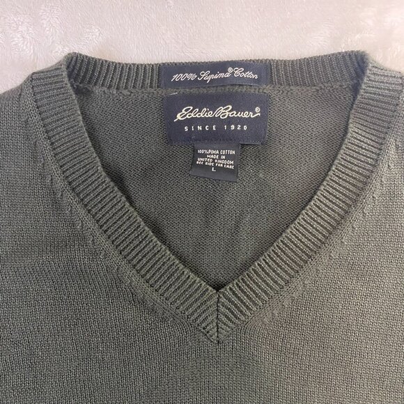 Eddie Bauer Men's Supima Cotton V Neck Solid Olive Army Green Knit Sweater L - Picture 3 of 8